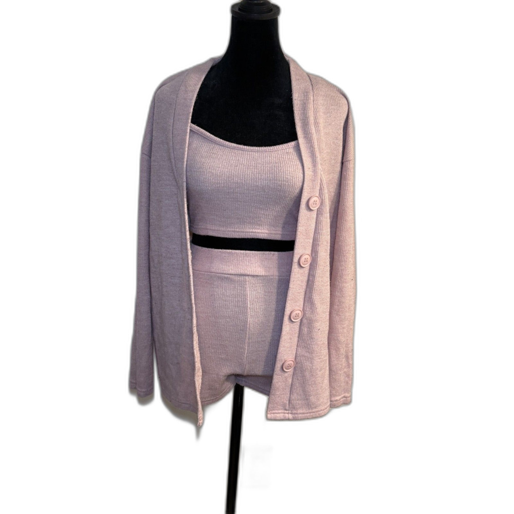 SHEIN Ribbed Knit 3-Piece Lounge Set — Crop Cami, Shorts + Button Cardigan